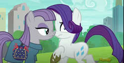 Size: 1378x700 | Tagged: safe, screencap, maud pie, rarity, earth pony, pony, unicorn, g4, season 6, the gift of the maud pie, bag, city, cloud, cloudy, duo, duo female, female, horn, lip bite, manehattan, mare, muddy hooves, nervous sweat, nose to nose, park, rock pouch, saddle bag, tree, uncomfortable