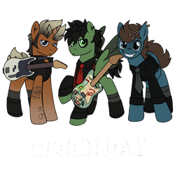 Size: 3500x3500 | Tagged: safe, artist:pegacousinceles, earth pony, pegasus, pony, unicorn, billie joe armstrong, green day, guitar, horn, male, musical instrument, ponified, simple background, stallion, transparent background, trio, trio male, wings