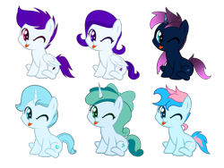 Size: 4000x3000 | Tagged: safe, artist:ramixe dash, oc, oc only, oc:blue chewings, oc:crystal heart g5, oc:lightning stars, oc:osiris eclipse, oc:prixy, oc:violet sparkle, earth pony, pegasus, pony, unicorn, g4, g5, adoraprixy, base used, g5 to g4, generation leap, horn, not coral currents, race swap, simple background, text, transparent background