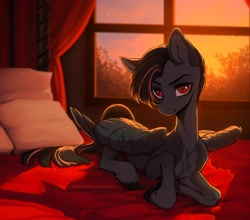 Size: 3300x2900 | Tagged: safe, artist:avroras_world, oc, oc only, pegasus, pony, art trade, backlighting, bed, looking at you, lying down, pillow, prone, skinny, solo, sunset, thin, window