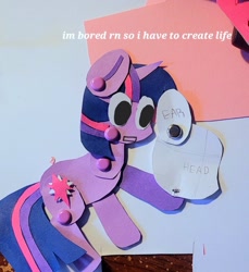 Size: 1496x1636 | Tagged: safe, artist:koidial, part of a set, twilight sparkle, pony, unicorn, g4, 3d cutie mark, bangs, big eyes, colored paper, colored pinnae, craft, dialogue, eye clipping through hair, female, hoof hold, horn, looking at something, mad science, mare, no catchlights, no pupils, open mouth, paper doll, papercraft, photo, purple coat, speech bubble, talking, text, three toned mane, three toned tail, traditional art, twilight being twilight, unicorn horn, unicorn twilight, white text