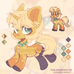 Size: 1400x1400 | Tagged: safe, alternate version, artist:avroras_world, oc, oc only, pony, unicorn, clothes, coat markings, collar, color palette, ear fluff, ear piercing, earring, eye clipping through hair, eyebrows, eyebrows visible through hair, female, horn, jewelry, mare, obtrusive watermark, piercing, redesign, signature, smiling, solo, spiked collar, stockings, thigh highs, unshorn fetlocks, watermark, zoom layer