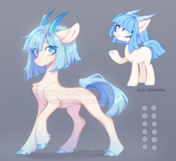 Size: 1200x1100 | Tagged: safe, artist:avroras_world, oc, oc only, pony, chest fluff, colored hooves, concave belly, ear fluff, ear piercing, earring, eye clipping through hair, eyebrows, eyebrows visible through hair, female, gradient horns, gray background, grin, hooves, horns, jewelry, mare, obtrusive watermark, piercing, raised hoof, redesign, simple background, slender, smiling, solo, thin, watermark