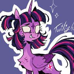 Size: 1080x1080 | Tagged: safe, alternate version, artist:batzy-artz, twilight sparkle, alicorn, pony, g4, alternate cutie mark, alternate design, alternate hairstyle, bags under eyes, bald face, blaze (coat marking), chest fluff, chin fluff, coat markings, colored belly, colored eartips, colored muzzle, colored wings, eye markings, eyelashes, facial markings, female, folded wings, freckles, hock fluff, horn, long neck, long tail, looking back, looking down, mare, mealy mouth (coat marking), noise, outline, pale muzzle, ponytail, purple coat, purple eyes, redesign, smiling, solo, star (coat marking), straight mane, tail, text, textured background, three toned mane, three toned tail, twilight sparkle (alicorn), two toned ears, two toned wings, unicorn horn, white text, wings, zoomed in