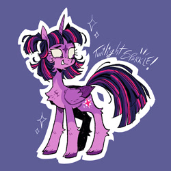 Size: 1080x1080 | Tagged: safe, artist:batzy-artz, part of a set, twilight sparkle, alicorn, pony, g4, alternate cutie mark, alternate design, alternate hairstyle, bags under eyes, bald face, blaze (coat marking), chest fluff, chin fluff, coat markings, colored belly, colored eartips, colored fetlocks, colored hooves, colored muzzle, colored wings, eye markings, eyelashes, facial markings, female, folded wings, freckles, hock fluff, hooves, horn, leg fluff, long neck, long tail, looking back, looking down, mare, mealy mouth (coat marking), noise, outline, pale muzzle, ponytail, purple coat, purple eyes, purple hooves, redesign, shaggy tail, smiling, socks (coat markings), solo, sparkles, standing, star (coat marking), straight mane, tail, text, textured background, three toned mane, three toned tail, twilight sparkle (alicorn), two toned ears, two toned wings, unicorn horn, unshorn fetlocks, white text, wings