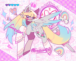 Size: 2048x1655 | Tagged: safe, artist:emoboy130, oc, oc only, oc:brave jockey, pegasus, pony, abstract background, bangs, blonde mane, blonde tail, blood, blood on face, blue eyes, blue wingtips, checkered background, clothes, colored hooves, colored pinnae, colored wings, colored wingtips, commission, ear fluff, ear piercing, earring, eye clipping through hair, female, female oc, floating crown, floating heart, hair accessory, hairclip, heart, holding a knife, hoofless socks, hooves, jewelry, knife, long mane, long socks, long tail, looking at you, mane accessory, mare, mare oc, mouth hold, partially open wings, patterned background, pegasus oc, piercing, pink hooves, pink text, pixel heart, rainbow, shiny ears, shiny hooves, shiny mane, shiny tail, signature, socks, sparkles, syringe, tail, text, two toned mane, two toned tail, two toned wings, white coat, wings