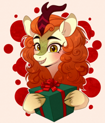 Size: 1100x1290 | Tagged: safe, artist:sociofag, autumn blaze, kirin, g4, abstract background, awwtumn blaze, cloven hooves, cute, gift giving, happy new year, holiday, hoof hold, looking at you, present, shading, sharp teeth, smiling, smiling at you, solo, teeth, three quarter view