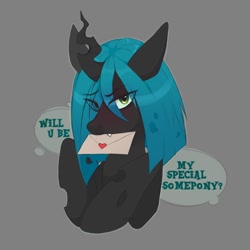 Size: 2000x2000 | Tagged: safe, artist:sociofag, queen chrysalis, changeling, changeling queen, g4, bronybait, cute, cute little fangs, cutealis, ears back, eye clipping through hair, eyebrows, eyebrows visible through hair, fangs, gray background, holiday, letter, looking at you, love letter, mouth hold, short hair, simple background, talking to viewer, valentine's day, valentine's day card