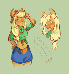 Size: 3146x3366 | Tagged: safe, artist:ordoset, applejack, earth pony, anthro, g4, belly, belly button, clothes, front knot midriff, green background, hat off, high res, lidded eyes, midriff, shorts, simple background, solo, wide hips