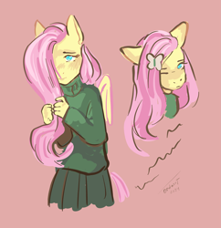 Size: 3223x3326 | Tagged: safe, artist:ordoset, fluttershy, pegasus, anthro, g4, clothes, female, hair over one eye, high res, mare, one eye closed, red background, simple background, skirt, solo, sweater, sweatershy