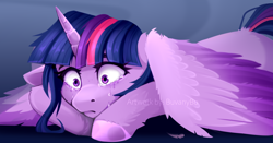 Size: 4724x2480 | Tagged: safe, artist:buvanybu, twilight sparkle, alicorn, pony, g4, crying, female, high res, horn, lying down, mare, prone, sad, solo, spread wings, teary eyes, twilight sparkle (alicorn), wings