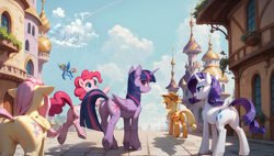 Size: 3840x2176 | Tagged: safe, ai assisted, ai content, edit, generator:tponynai3, prompter:truekry, applejack, fluttershy, pinkie pie, rainbow dash, rarity, twilight sparkle, alicorn, earth pony, pegasus, pony, unicorn, g4, butt, canterlot, castle, city, cloudsdale, cute, dock, featureless crotch, female, flying, folded wings, group, group shot, horn, mane six, mare, plot, pointing, rear view, scenery, sky, smiling, street, tail, twilight sparkle (alicorn), underhoof, unshorn fetlocks, walking, wallpaper, wings