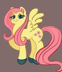 Size: 1751x2048 | Tagged: safe, artist:lilybloom0820, fluttershy, pegasus, pony, g4, brown background, female, hooves, looking at you, mare, raised hoof, simple background, smiling, smiling at you, solo, spread wings, wings