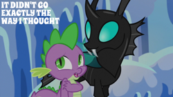 Size: 2000x1125 | Tagged: safe, edit, edited screencap, editor:quoterific, screencap, spike, thorax, changeling, dragon, g4, season 6, the times they are a changeling, crystal empire, duo, duo male, male, snow, wingless spike