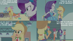 Size: 2000x1125 | Tagged: safe, edit, edited screencap, editor:quoterific, screencap, applejack, rarity, siren, equestria girls, equestria girls specials, g4, my little pony equestria girls: rollercoaster of friendship, clothes, costume, implied adagio dazzle, rarity peplum dress