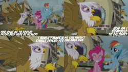 Size: 2000x1125 | Tagged: safe, edit, edited screencap, editor:quoterific, screencap, gilda, pinkie pie, rainbow dash, griffon, pegasus, pony, g4, season 5, the lost treasure of griffonstone, female, griffonstone, mare, ruins, trio, trio female