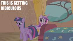 Size: 2000x1125 | Tagged: safe, edit, edited screencap, editor:quoterific, screencap, princess cadance, twilight sparkle, alicorn, pony, g4, my little pony: friendship is magic, season 4, three's a crowd, bed, duo, duo female, female, golden oaks library, mare, twilight sparkle (alicorn)