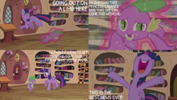 Size: 2000x1125 | Tagged: safe, edit, edited screencap, editor:quoterific, screencap, spike, twilight sparkle, alicorn, dragon, pony, g4, season 4, three's a crowd, duo, duo male and female, excited, female, golden oaks library, magic, male, open mouth, telekinesis, twilight sparkle (alicorn), volumetric mouth, wingless spike