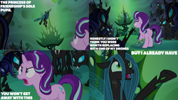 Size: 2000x1125 | Tagged: safe, edit, edited screencap, editor:quoterific, screencap, queen chrysalis, starlight glimmer, g4, my little pony: friendship is magic, to where and back again, changeling hive