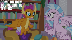 Size: 2000x1125 | Tagged: safe, edit, edited screencap, editor:quoterific, screencap, silverstream, smolder, classical hippogriff, dragon, hippogriff, g4, the hearth's warming club, bookshelf, couch, dragoness, duo, duo female, female, flying, school of friendship