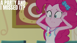 Size: 2003x1125 | Tagged: safe, edit, edited screencap, editor:quoterific, screencap, pinkie pie, best trends forever, best trends forever: pinkie pie, equestria girls, g4, my little pony equestria girls: choose your own ending, anxiety, armpits, dialogue, female, hands on head, ribbon, solo, teenager, text