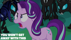 Size: 2000x1125 | Tagged: safe, edit, edited screencap, editor:quoterific, screencap, starlight glimmer, changeling, g4, to where and back again, changeling armor, changeling guard, changeling hive, solo