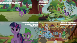 Size: 2000x1125 | Tagged: safe, edit, edited screencap, editor:quoterific, screencap, harry, rainbow dash, spike, twilight sparkle, bear, bird, chicken, dragon, ferret, mouse, pegasus, raccoon, seal, squirrel, unicorn, g4, magical mystery cure, season 3, bird house, female, fluttershy's cottage, fluttershy's cottage (interior), male, mare, swapped cutie marks, trio, unicorn twilight, wingless spike, wrong cutie mark