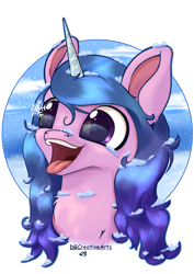 Size: 2480x3508 | Tagged: safe, artist:playful wings, izzy moonbow, pony, unicorn, g5, bust, female, high res, horn, mare, open mouth, portrait, signature, simple background, snow, snowflake, solo, taste buds, tongue out, transparent background