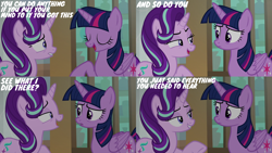 Size: 2000x1125 | Tagged: safe, edit, edited screencap, editor:quoterific, screencap, starlight glimmer, twilight sparkle, alicorn, pony, unicorn, g4, season 9, the beginning of the end, duo, duo female, female, horn, lip bite, mare, school of friendship, twilight sparkle (alicorn)