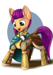 Size: 2480x3508 | Tagged: safe, artist:playful wings, sunny starscout, earth pony, pony, g5, armor, armored pony, brooch, cape, clasp, clothes, female, happy, high res, jewelry, mare, medieval, open mouth, simple background, solo, transparent background