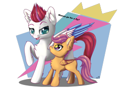 Size: 5016x3541 | Tagged: safe, artist:playful wings, scootaloo, zipp storm, pegasus, pony, g4, g5, absurd resolution, bandaid, bandaid on nose, blank flank, chest fluff, colored wings, dock, duo, duo female, ear fluff, female, filly, foal, folded wings, looking at each other, looking at someone, mare, open mouth, raised hoof, simple background, starry eyes, tail, transparent background, wingding eyes, wings