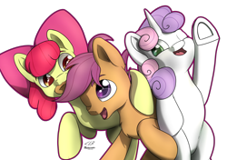 Size: 5016x3541 | Tagged: safe, artist:playful wings, apple bloom, scootaloo, sweetie belle, earth pony, pegasus, pony, unicorn, g4, :3, absurd resolution, apple bloom's bow, biting, bow, cmc day, cutie mark crusaders, ear bite, female, filly, foal, hair bow, horn, one eye closed, open mouth, open smile, simple background, smiling, transparent background, trio, trio female, underhoof