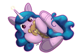 Size: 5016x3541 | Tagged: safe, artist:playful wings, izzy moonbow, pony, unicorn, g5, my little pony: a new generation, absurd resolution, female, horn, looking at you, mare, open mouth, open smile, plushie, simple background, smiling, smiling at you, solo, teddy bear, transparent background, underhoof