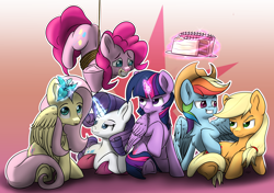 Size: 5016x3541 | Tagged: safe, alternate version, artist:playful wings, applejack, fluttershy, pinkie pie, rainbow dash, rarity, twilight sparkle, alicorn, earth pony, pegasus, pony, unicorn, g4, absurd resolution, accessory swap, cake, female, food, glowing, glowing horn, gradient background, group, happy, horn, levitation, looking at each other, looking at someone, magic, magic aura, mane six, mare, sextet, sitting, smiling, smiling at each other, smirk, tail, telekinesis, twilight sparkle (alicorn), underhoof, wings