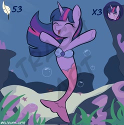 Size: 2028x2048 | Tagged: safe, artist:eltrash_art6, twilight sparkle, mermaid, merpony, pony, starfish, g4, bra, bubble, commission, coral, cute, eyes closed, female, fish tail, flowing mane, flowing tail, happy, health bars, mare, mermaidized, ocean, open mouth, open smile, seashell, seashell bra, seaweed, smiling, solo, species swap, swimming, tail, twiabetes, underwater, video game, water, watermark