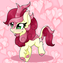 Size: 900x900 | Tagged: safe, artist:splashofsweet, roseluck, kirin, g4, blushing, cloven hooves, cute, female, heart, heart eyes, horn, kirin-ified, leonine tail, rosabetes, smiling, solo, species swap, tail, unshorn fetlocks, wingding eyes