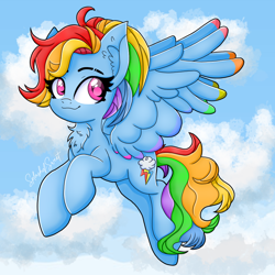 Size: 900x900 | Tagged: safe, artist:splashofsweet, rainbow dash, pegasus, pony, g4, chest fluff, colored wings, colored wingtips, ear fluff, female, mare, sky background, smiling, solo, spread wings, tail, wings