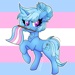 Size: 900x900 | Tagged: safe, artist:splashofsweet, trixie, pony, unicorn, g4, alternate hairstyle, cheek fluff, chest fluff, ear fluff, female, flag background, hair bun, horn, leg fluff, mare, mouth hold, outline, pride, pride flag, rearing, smiling, solo, striped background, tail, three toned background, tied mane, trans female, trans trixie, transgender, transgender pride flag