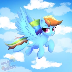 Size: 3000x3000 | Tagged: safe, artist:splashofsweet, rainbow dash, pegasus, pony, g4, cloud, female, flying, grin, heart, heart eyes, high res, looking at you, mare, outdoors, sky, smiling, smiling at you, solo, spread wings, tail, wingding eyes, wings