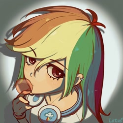 Size: 2000x2000 | Tagged: safe, artist:lotus, rainbow dash, human, g4, bust, chewing gum, gray background, headphones, humanized, looking at you, portrait, simple background, solo, spotlight, text