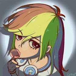 Size: 4000x4000 | Tagged: safe, alternate version, artist:lotus, rainbow dash, human, g4, bust, chewing gum, gray background, headphones, humanized, looking at you, portrait, simple background, solo, spotlight, text