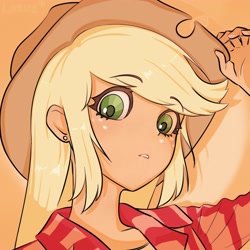 Size: 4000x4000 | Tagged: safe, artist:lotus, applejack, human, g4, bust, cute, humanized, jackabetes, looking at you, orange background, portrait, simple background, solo, spotlight, text