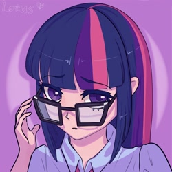 Size: 4000x4000 | Tagged: safe, artist:lotus, twilight sparkle, human, g4, bust, clothes, glasses, humanized, portrait, purple background, shirt, simple background, solo, spotlight, text