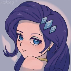 Size: 4000x4000 | Tagged: safe, artist:lotus, rarity, human, g4, bust, gray background, humanized, looking at you, portrait, simple background, solo, spotlight, text