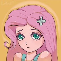 Size: 4000x4000 | Tagged: safe, artist:lotus, fluttershy, human, g4, bust, humanized, looking at you, portrait, simple background, solo, spotlight, text, yellow background