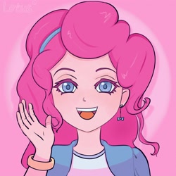 Size: 4000x4000 | Tagged: safe, artist:lotus, pinkie pie, human, g4, humanized, looking at you, open mouth, pink background, simple background, smiling, solo, spotlight, text