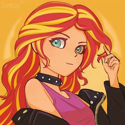 Size: 4000x4000 | Tagged: safe, artist:lotus, sunset shimmer, human, g4, bust, clothes, collar, humanized, jacket, looking at you, portrait, simple background, solo, spiked collar, spotlight, text, yellow background