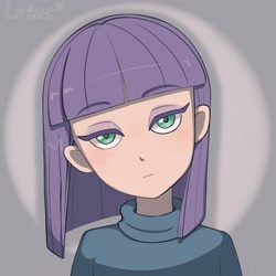 Size: 4000x4000 | Tagged: safe, artist:lotus, maud pie, human, g4, bust, gray background, humanized, looking at you, portrait, simple background, solo, spotlight, text