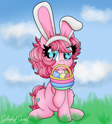 Size: 900x1000 | Tagged: safe, artist:splashofsweet, pinkie pie, earth pony, pony, g4, alternate hairstyle, basket, bunny ears, cute, easter, easter basket, easter egg, female, grass, holiday, mare, mouth hold, sitting, smiling, solo