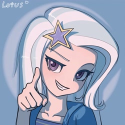 Size: 4000x4000 | Tagged: safe, artist:lotus, trixie, human, g4, blue background, grin, humanized, looking at you, pointing at you, simple background, smiling, solo, spotlight, text